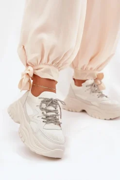 Sneakersy Damskie Na Platformie Ozdobnym Sznurowaniem Beżowe Evalianne