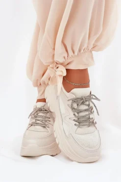 Sneakersy Damskie Na Platformie Ozdobnym Sznurowaniem Beżowe Evalianne