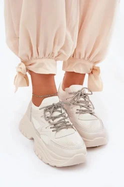 Sneakersy Damskie Na Platformie Ozdobnym Sznurowaniem Beżowe Evalianne