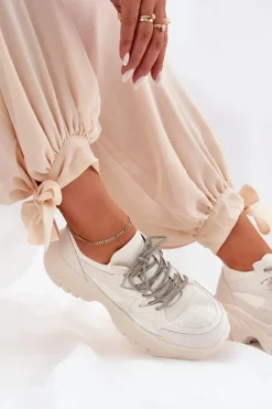 Sneakersy Damskie Na Platformie Ozdobnym Sznurowaniem Beżowe Evalianne