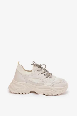 Sneakersy Damskie Na Platformie Ozdobnym Sznurowaniem Beżowe Evalianne