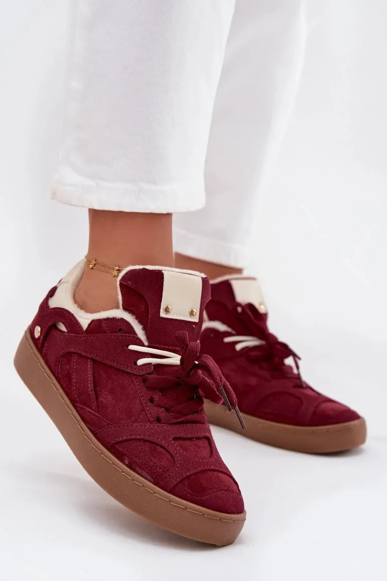 Sneakersy Damskie Na Platformie Ocieplane Futerkiem Bordowe Solvia
