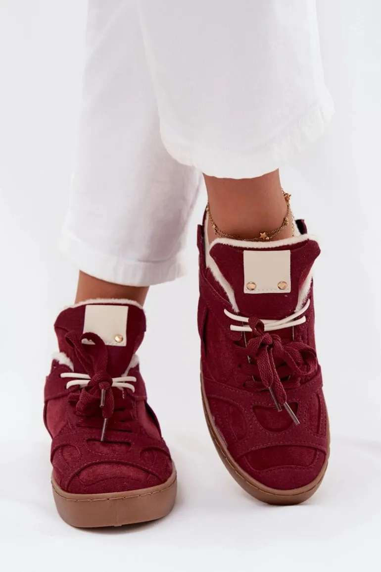Sneakersy Damskie Na Platformie Ocieplane Futerkiem Bordowe Solvia