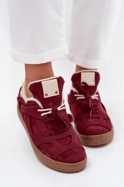 Sneakersy Damskie Na Platformie Ocieplane Futerkiem Bordowe Solvia