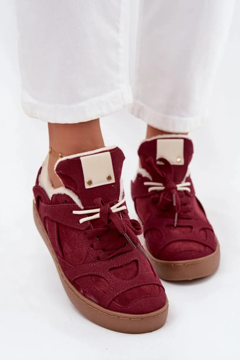 Sneakersy Damskie Na Platformie Ocieplane Futerkiem Bordowe Solvia