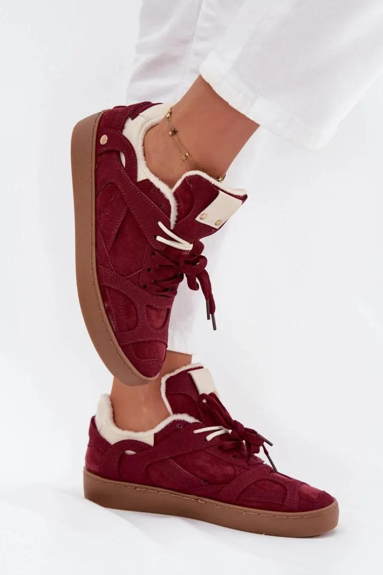 Sneakersy Damskie Na Platformie Ocieplane Futerkiem Bordowe Solvia