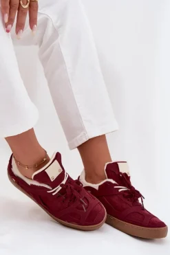 Sneakersy Damskie Na Platformie Ocieplane Futerkiem Bordowe Solvia