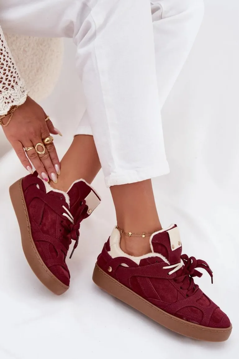 Sneakersy Damskie Na Platformie Ocieplane Futerkiem Bordowe Solvia