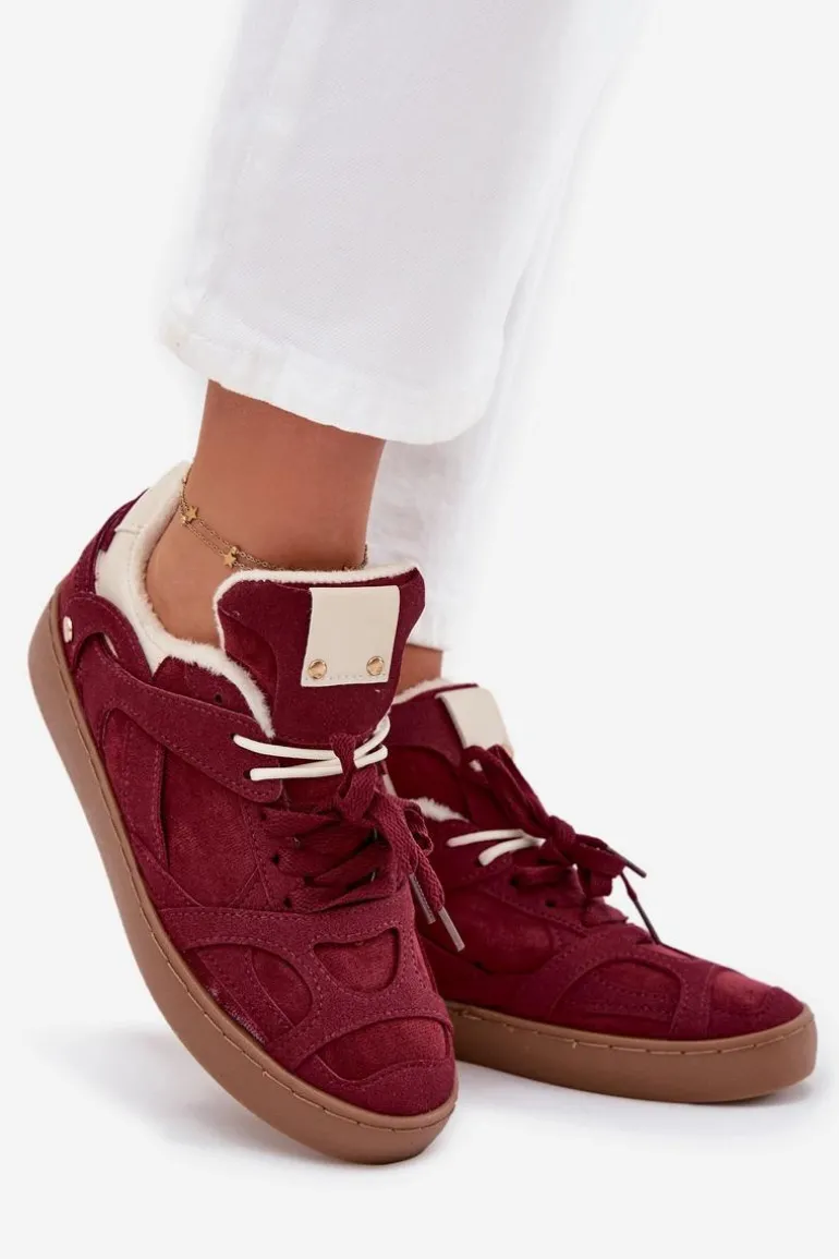 Sneakersy Damskie Na Platformie Ocieplane Futerkiem Bordowe Solvia