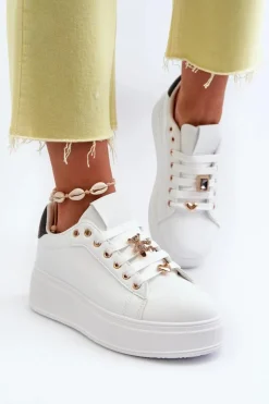 Sneakersy Damskie Na Platformie Z Przypinkami Eko Skóra Białe Cavisa