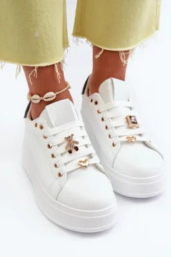Sneakersy Damskie Na Platformie Z Przypinkami Eko Skóra Białe Cavisa