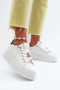 Sneakersy Damskie Na Platformie Z Przypinkami Eko Skóra Białe Cavisa