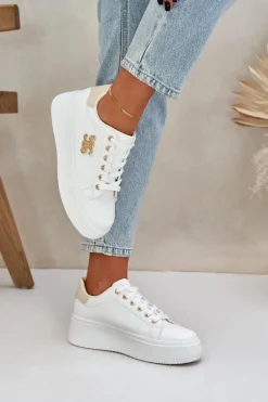 Sneakersy Damskie Na Platformie Biało-Beżowe Temittes