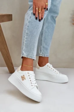 Sneakersy Damskie Na Platformie Biało-Beżowe Temittes