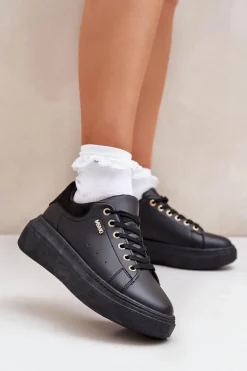 Sneakersy Damskie Na Platformie Eko Skóra Czarne Lelandine
