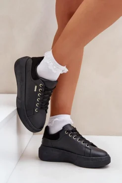 Sneakersy Damskie Na Platformie Eko Skóra Czarne Lelandine