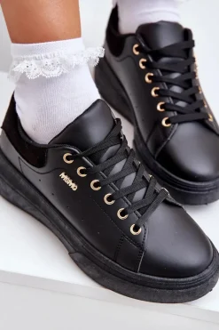 Sneakersy Damskie Na Platformie Eko Skóra Czarne Lelandine