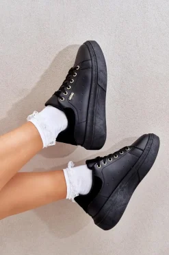 Sneakersy Damskie Na Platformie Eko Skóra Czarne Lelandine