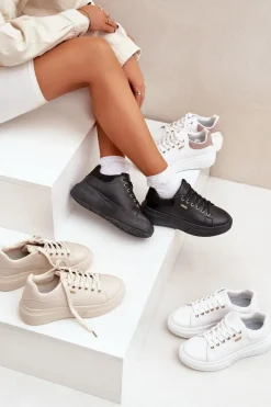 Sneakersy Damskie Na Platformie Eko Skóra Czarne Lelandine