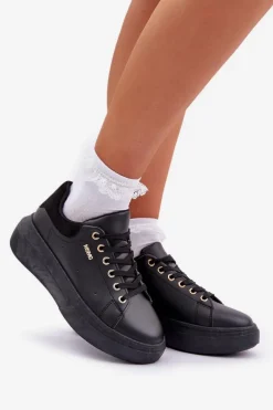 Sneakersy Damskie Na Platformie Eko Skóra Czarne Lelandine