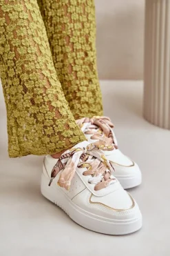 Sneakersy Damskie Na Platformie Z Ozdobnym Sznurowaniem Białe Mistra