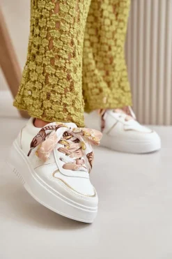 Sneakersy Damskie Na Platformie Z Ozdobnym Sznurowaniem Białe Mistra