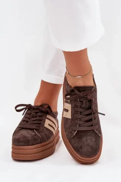 Sneakersy Damskie Na Platformie Z Naturalnego Zamszu Czekoladowe Eldira