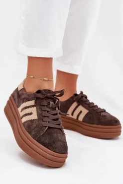 Sneakersy Damskie Na Platformie Z Naturalnego Zamszu Czekoladowe Eldira