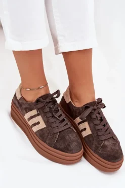 Sneakersy Damskie Na Platformie Z Naturalnego Zamszu Czekoladowe Eldira