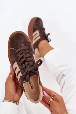 Sneakersy Damskie Na Platformie Z Naturalnego Zamszu Czekoladowe Eldira