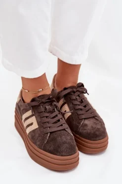 Sneakersy Damskie Na Platformie Z Naturalnego Zamszu Czekoladowe Eldira
