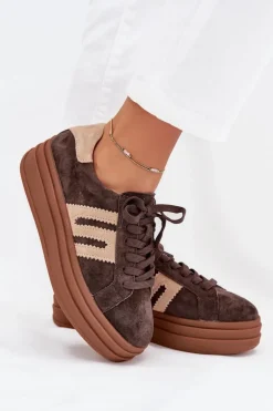 Sneakersy Damskie Na Platformie Z Naturalnego Zamszu Czekoladowe Eldira