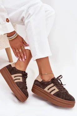 Sneakersy Damskie Na Platformie Z Naturalnego Zamszu Czekoladowe Eldira