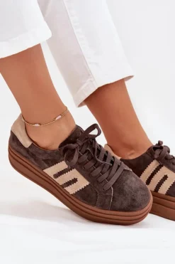 Sneakersy Damskie Na Platformie Z Naturalnego Zamszu Czekoladowe Eldira
