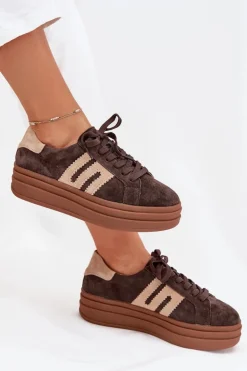 Sneakersy Damskie Na Platformie Z Naturalnego Zamszu Czekoladowe Eldira