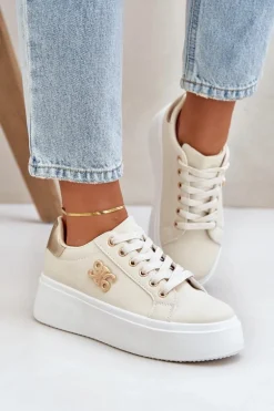 Sneakersy Damskie Na Platformie Beżowo-Złote Temittes