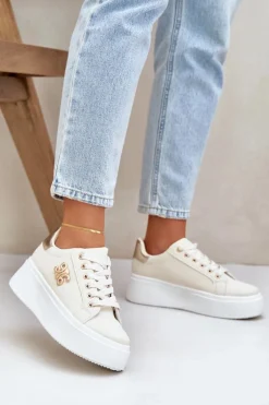 Sneakersy Damskie Na Platformie Beżowo-Złote Temittes