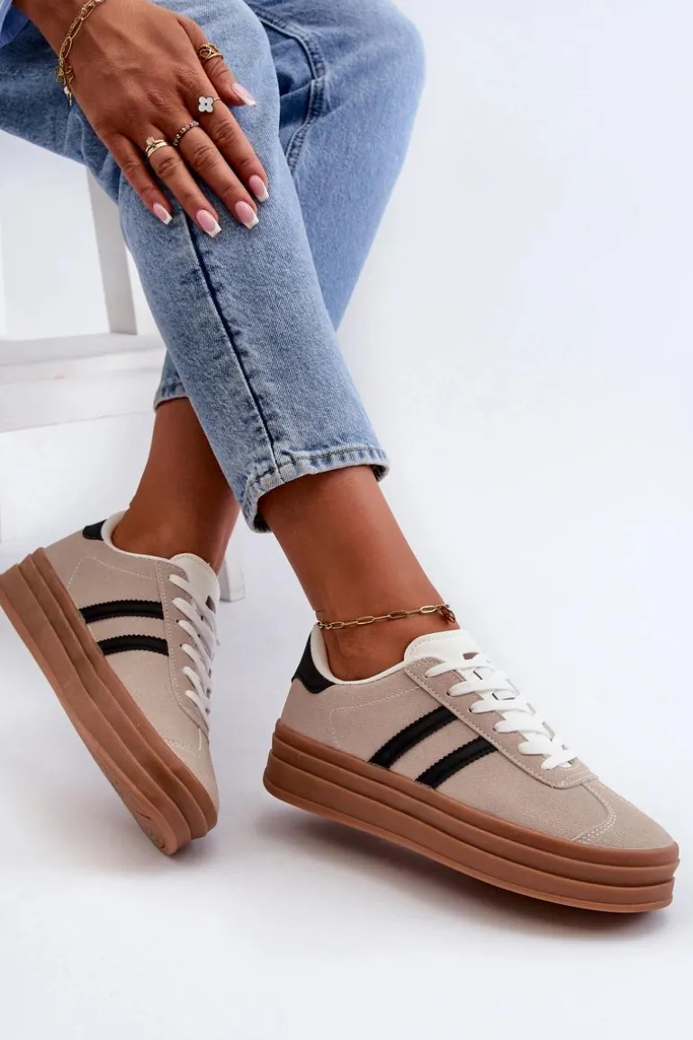 Sneakersy Damskie Na Platformie Beżowo-Czarne Egelia
