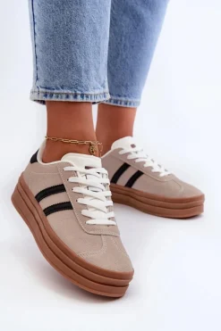 Sneakersy Damskie Na Platformie Beżowo-Czarne Egelia