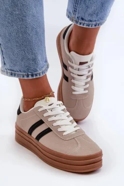 Sneakersy Damskie Na Platformie Beżowo-Czarne Egelia
