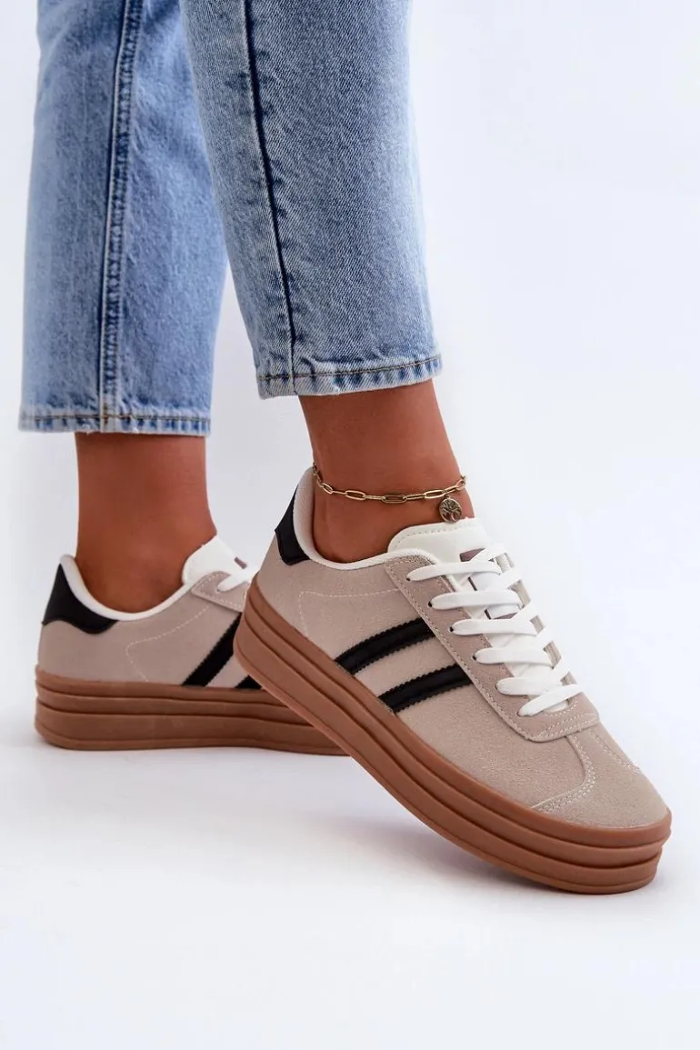 Sneakersy Damskie Na Platformie Beżowo-Czarne Egelia