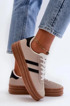 Sneakersy Damskie Na Platformie Beżowo-Czarne Egelia