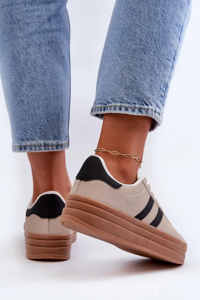 Sneakersy Damskie Na Platformie Beżowo-Czarne Egelia