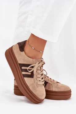 Sneakersy Damskie Na Platformie Z Naturalnego Zamszu Beżowe Eldira