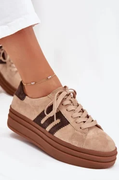 Sneakersy Damskie Na Platformie Z Naturalnego Zamszu Beżowe Eldira