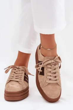 Sneakersy Damskie Na Platformie Z Naturalnego Zamszu Beżowe Eldira