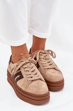 Sneakersy Damskie Na Platformie Z Naturalnego Zamszu Beżowe Eldira