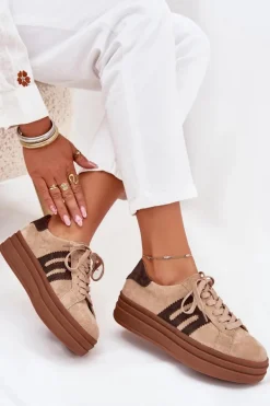 Sneakersy Damskie Na Platformie Z Naturalnego Zamszu Beżowe Eldira