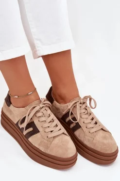 Sneakersy Damskie Na Platformie Z Naturalnego Zamszu Beżowe Eldira