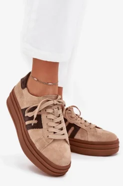 Sneakersy Damskie Na Platformie Z Naturalnego Zamszu Beżowe Eldira